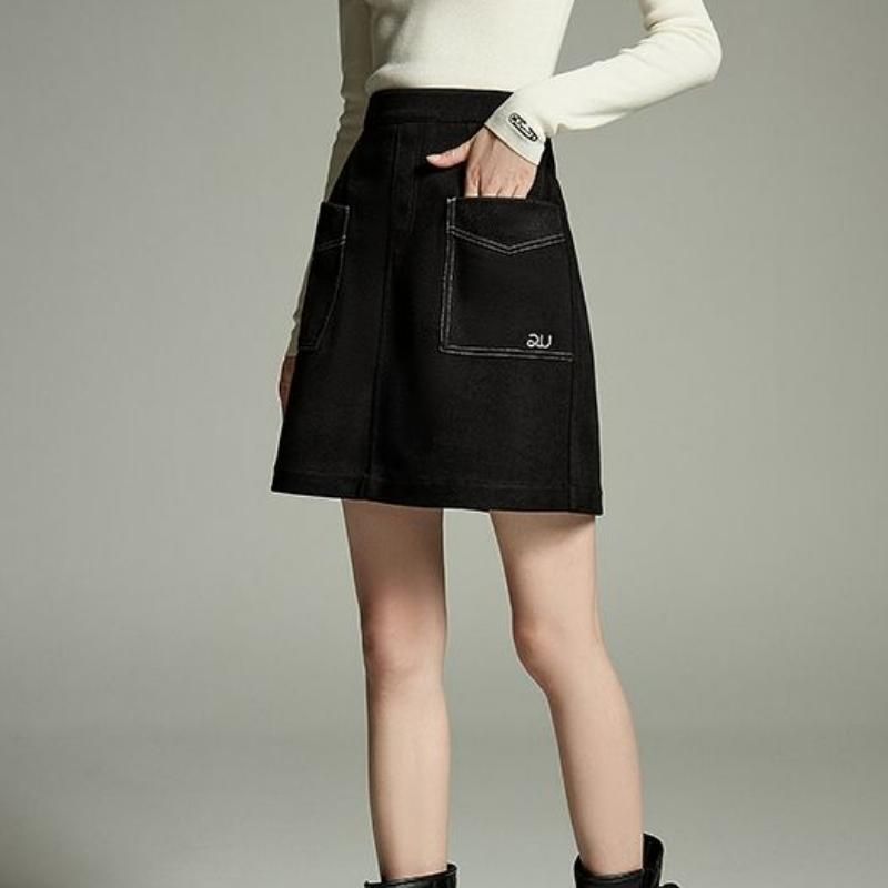 Winter Knee-Length A-Line Skirt with Embroidery & Pockets