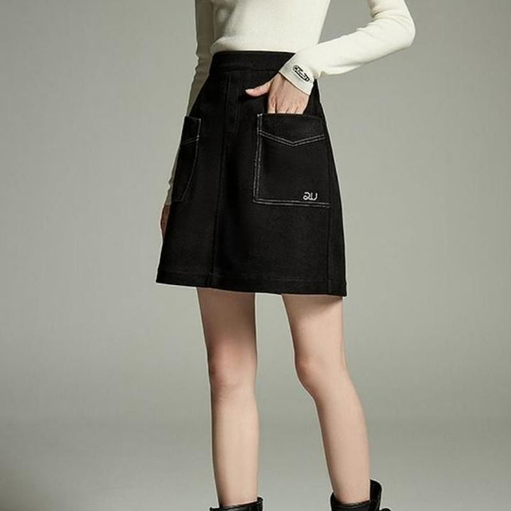 Winter Knee-Length A-Line Skirt with Embroidery & Pockets