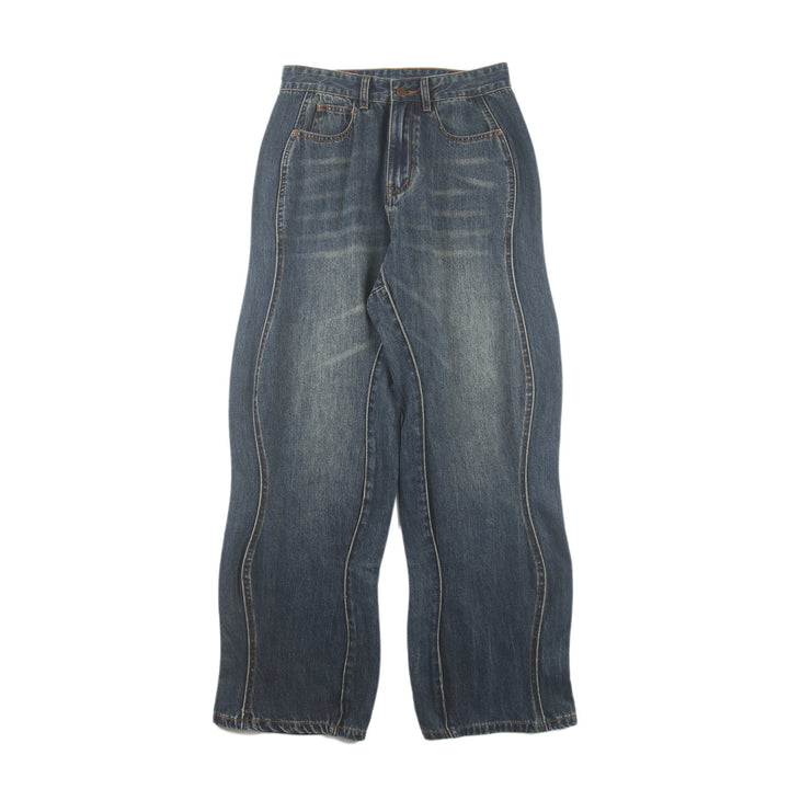 Loose Straight High Street Wave Line Washed Jeans