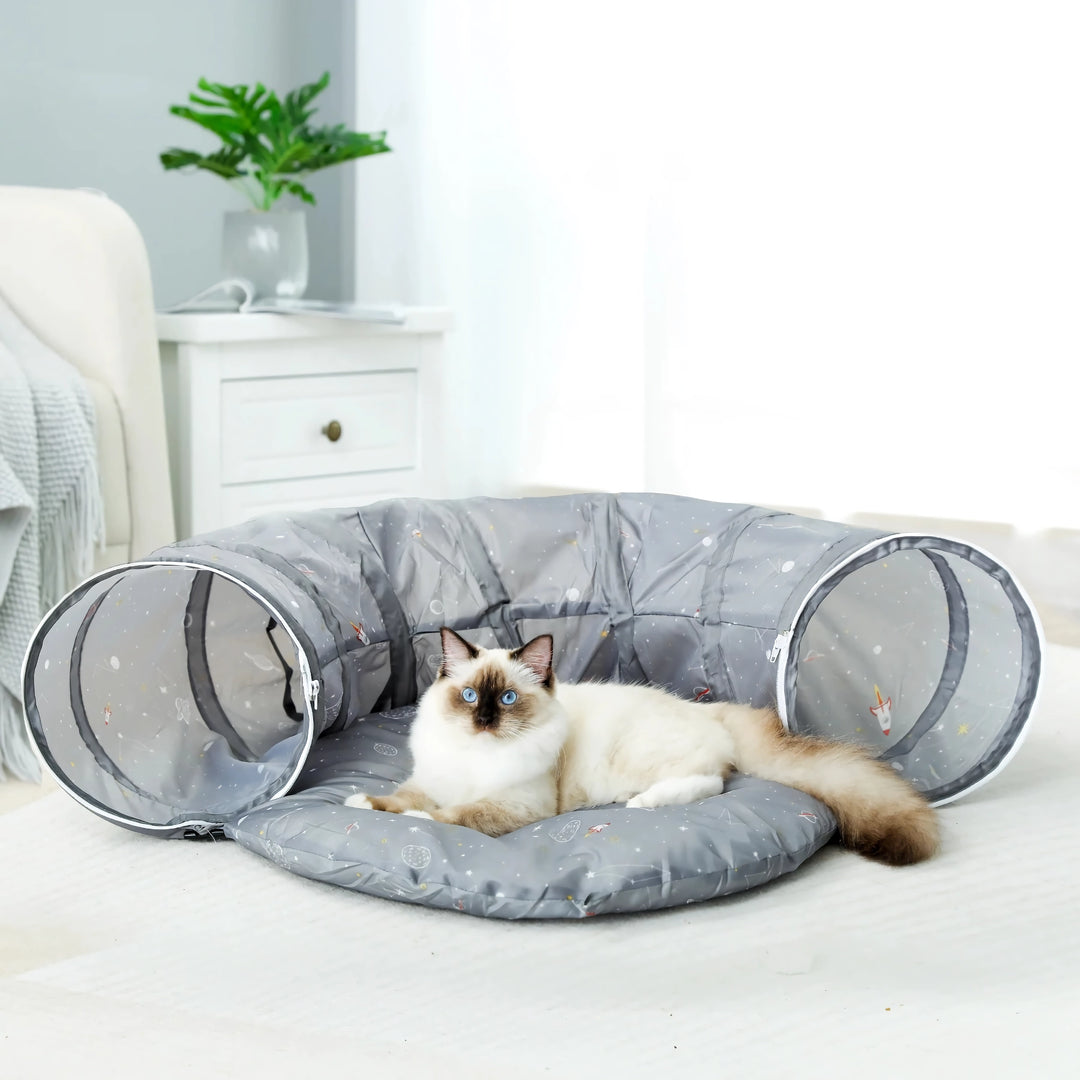 Collapsible Cat Tunnel Toy with Mat - Interactive Pet Play Tube for Cats and Dogs