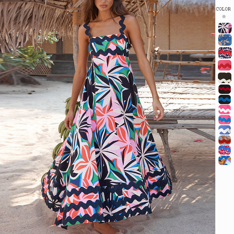 Flowers Print Wavy Pattern Suspender Long Dress For Women Fashion A-Line Beach Dresses Womens Clothing