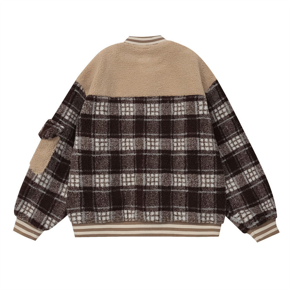 Color Contrast Patchwork Plaid Lamb Wool Coat For Men