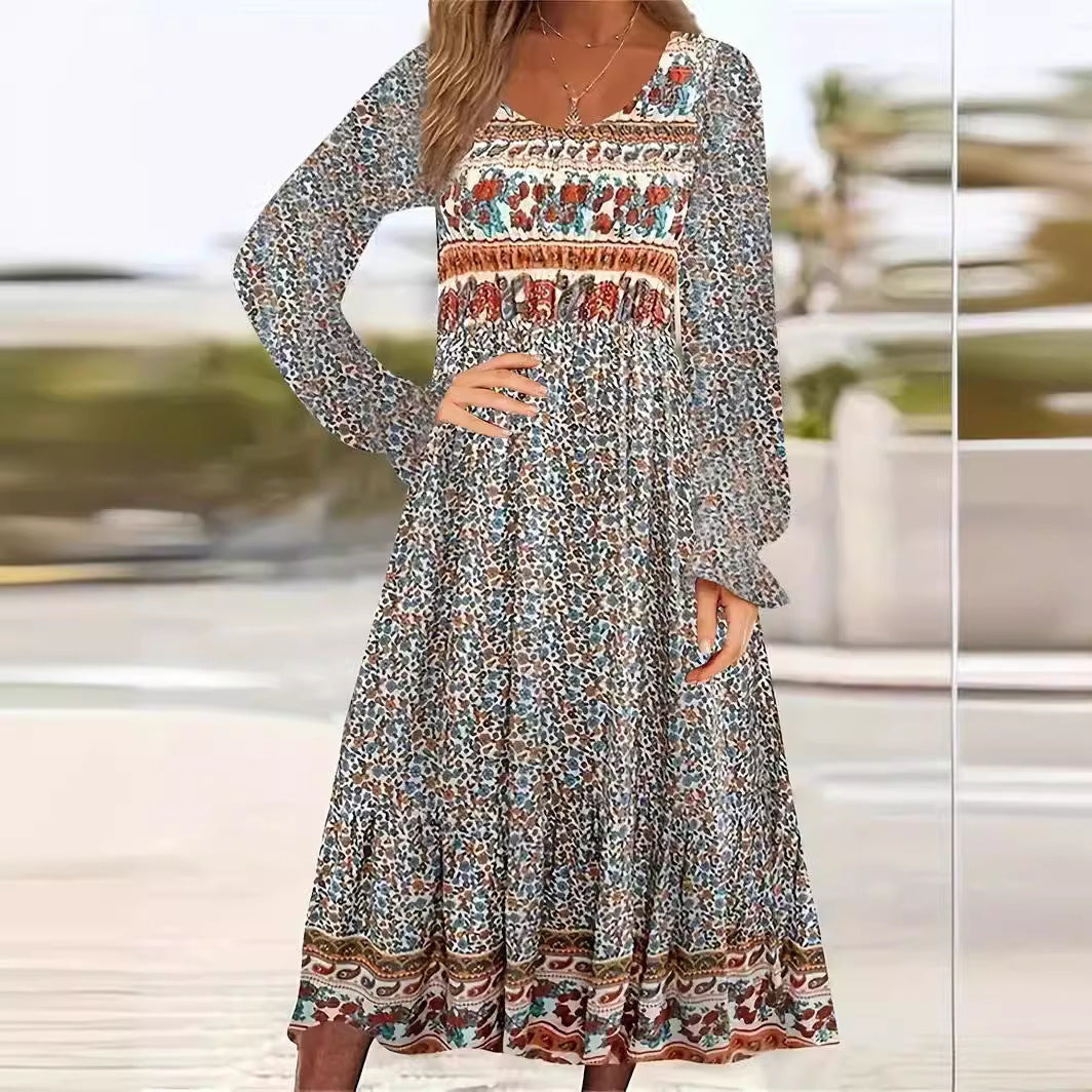 Printed Dress Round Neck Pullover Long Sleeve Temperament Commute