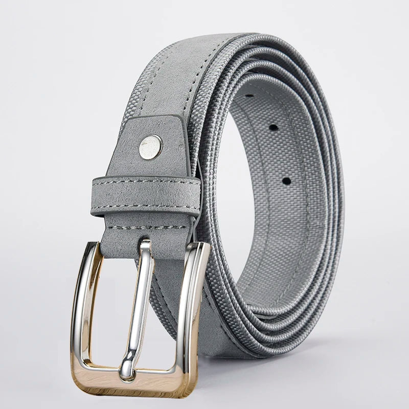 Men’s Suede Leather Belt with Oxford Fabric Strap – Genuine Leather Luxury Pin Buckle