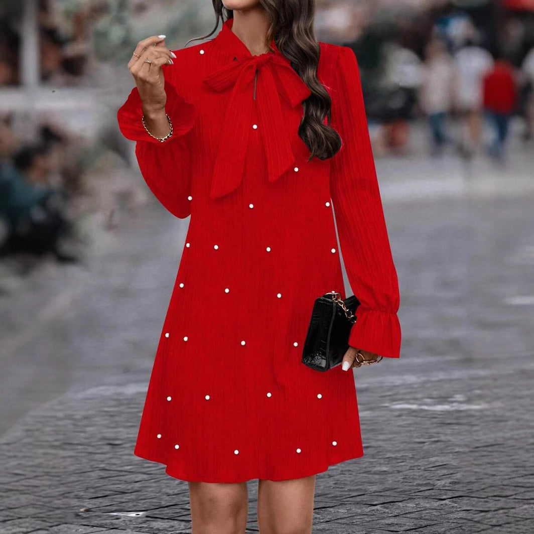 Women's Lace-up Bead Long Sleeve Solid Color Loose Dress
