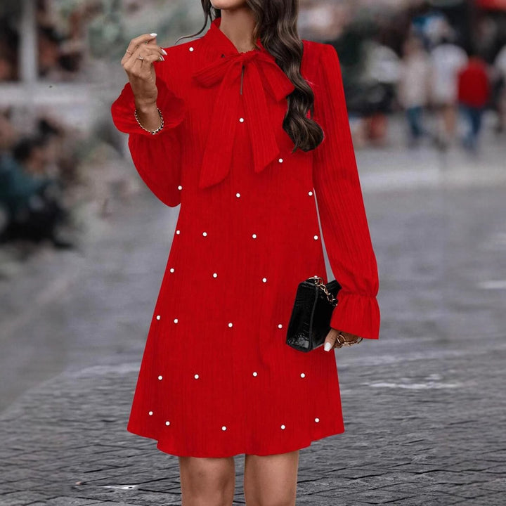 Women's Lace-up Bead Long Sleeve Solid Color Loose Dress
