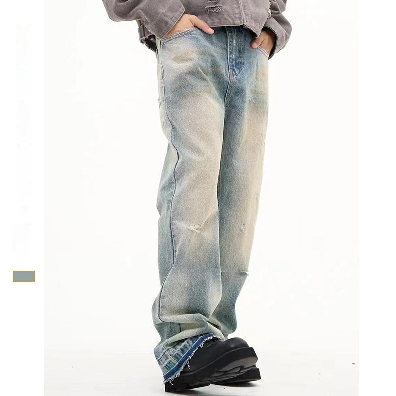 Loose Straight Leisure Washed-out Worn Jeans Men