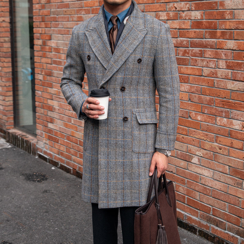 Grey Plaid Wool-Blend Double-Breasted Coat