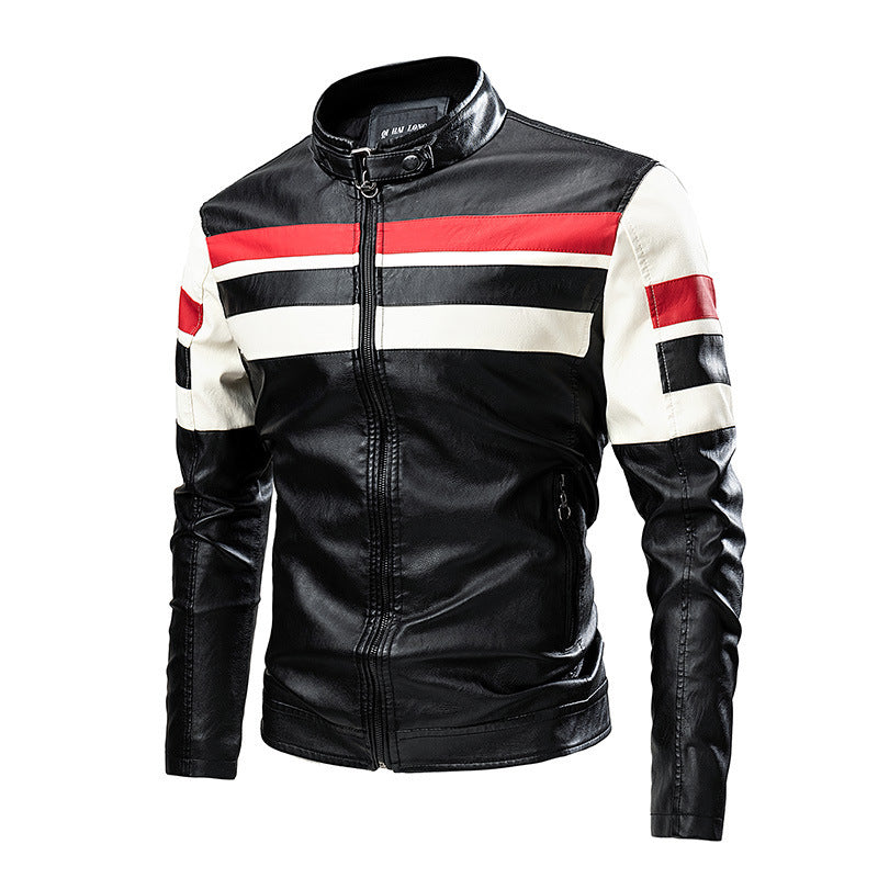 Motorcycle Stitching Leather Jacket Men Stand Collar Retro