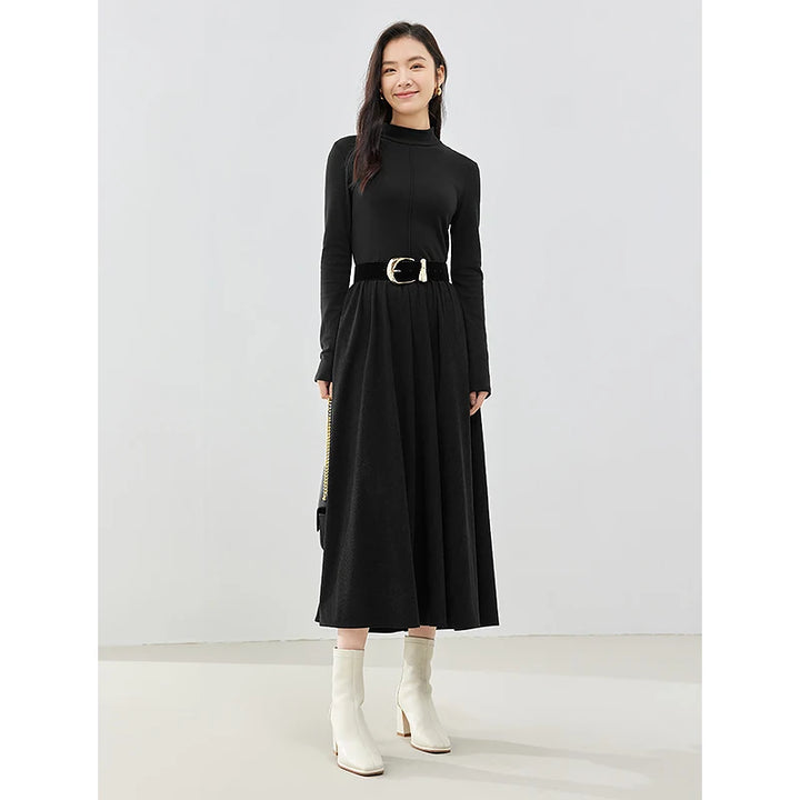 Women's Winter Long Sleeve Half High Collar Black Corduroy Dress