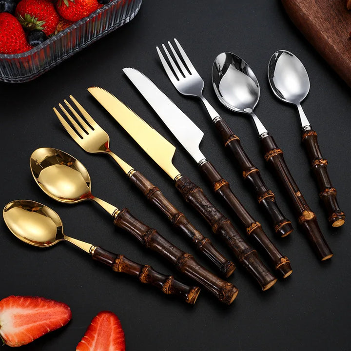 Black Bamboo Dinnerware Set - Upscale Stainless Steel Fork and Spoon Tableware