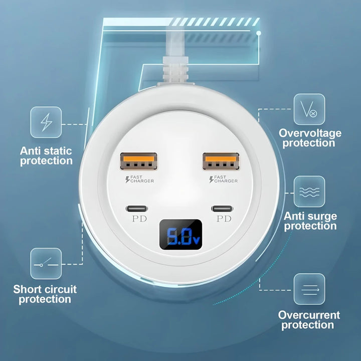 Universal Travel Power Strip with Dual USB-C and USB-A Ports