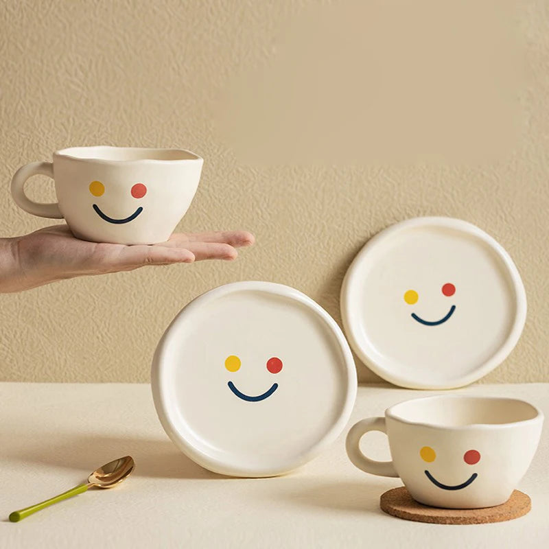 Creative Smiley Ceramic Coffee Cup and Saucer Set