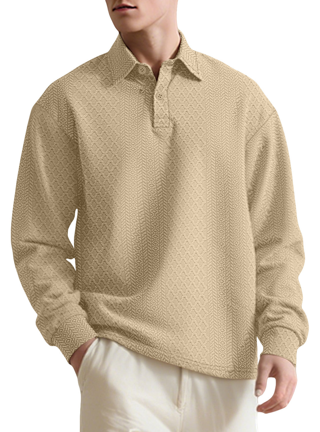 Texture Jacquard Solid Color Men's Long-sleeved Polo Shirt Lapel Loose Sweater