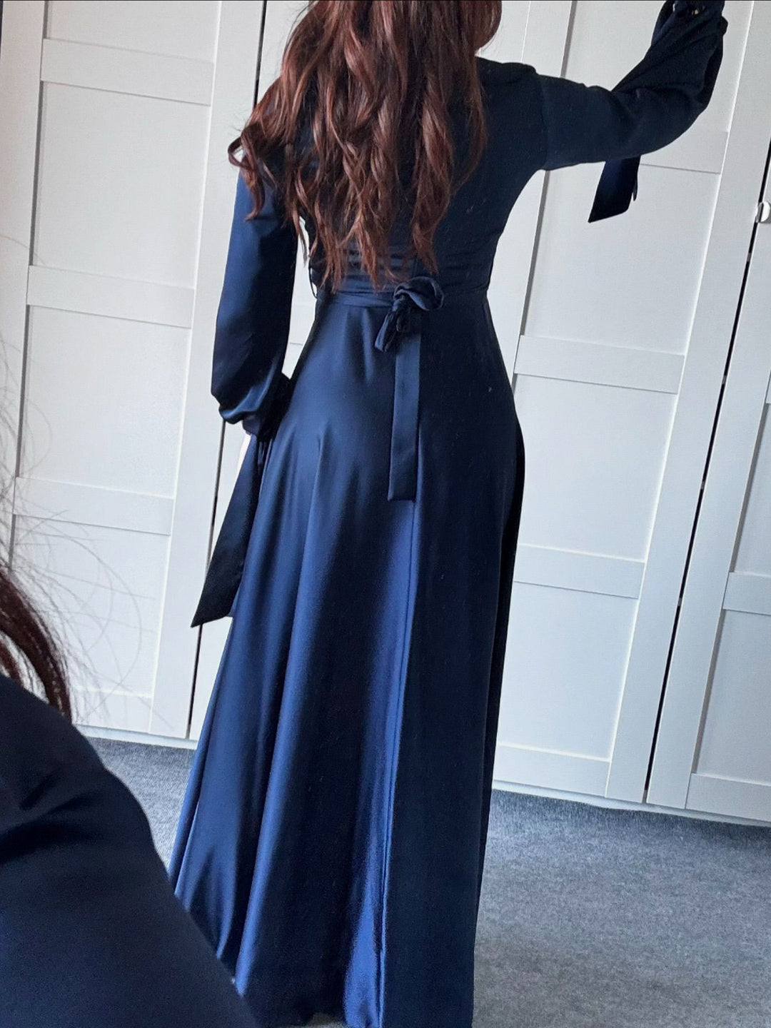 Satin Plunge Collar Long-Sleeve Strappy Maxi Dress