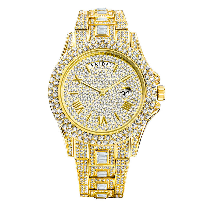 Outside The Watch Fashionable High-end Double Calendar Business Full Diamond Quartz