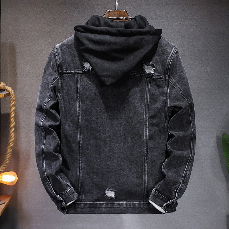 Men's Casual Jacket Hole Detachable Hooded Denim Jacket