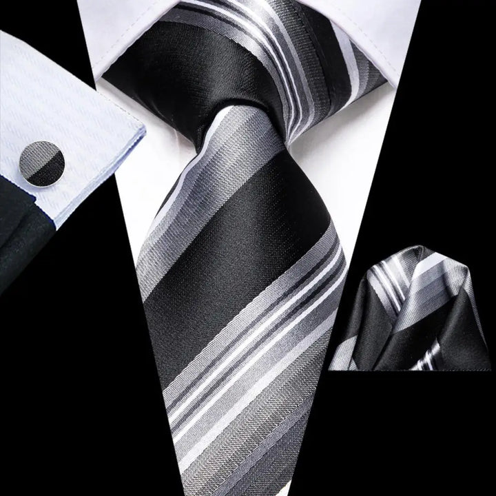 Elegant Black Grey Striped Men's Necktie with Matching Cufflinks and Handkerchie