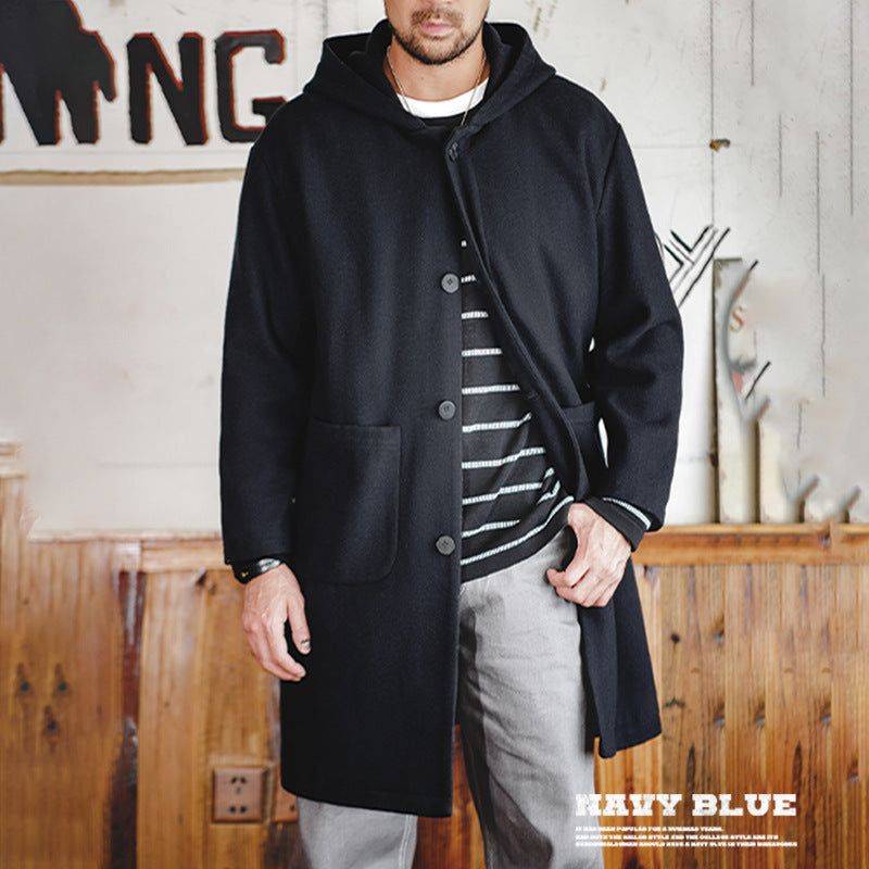 Workwear Retro College Style Wool Overcoat Hooded Warm Mid-length Woolen Coat For Men Winter