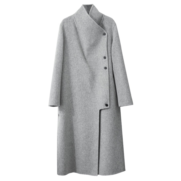 Minimalist Woolen Coat for Women with Stand Collar and Slit