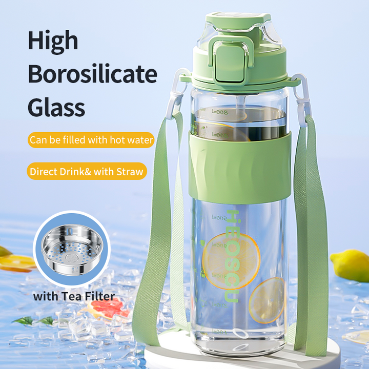 Insulated Glass Water Bottle with Tea Filter & Dual Drinking Modes