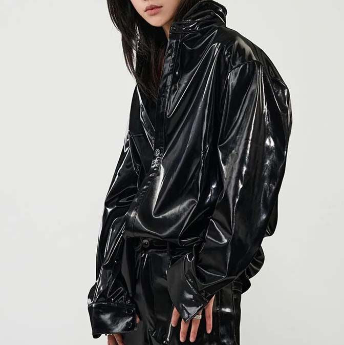 Fleece-Lined PU Leather Glossy Jacket