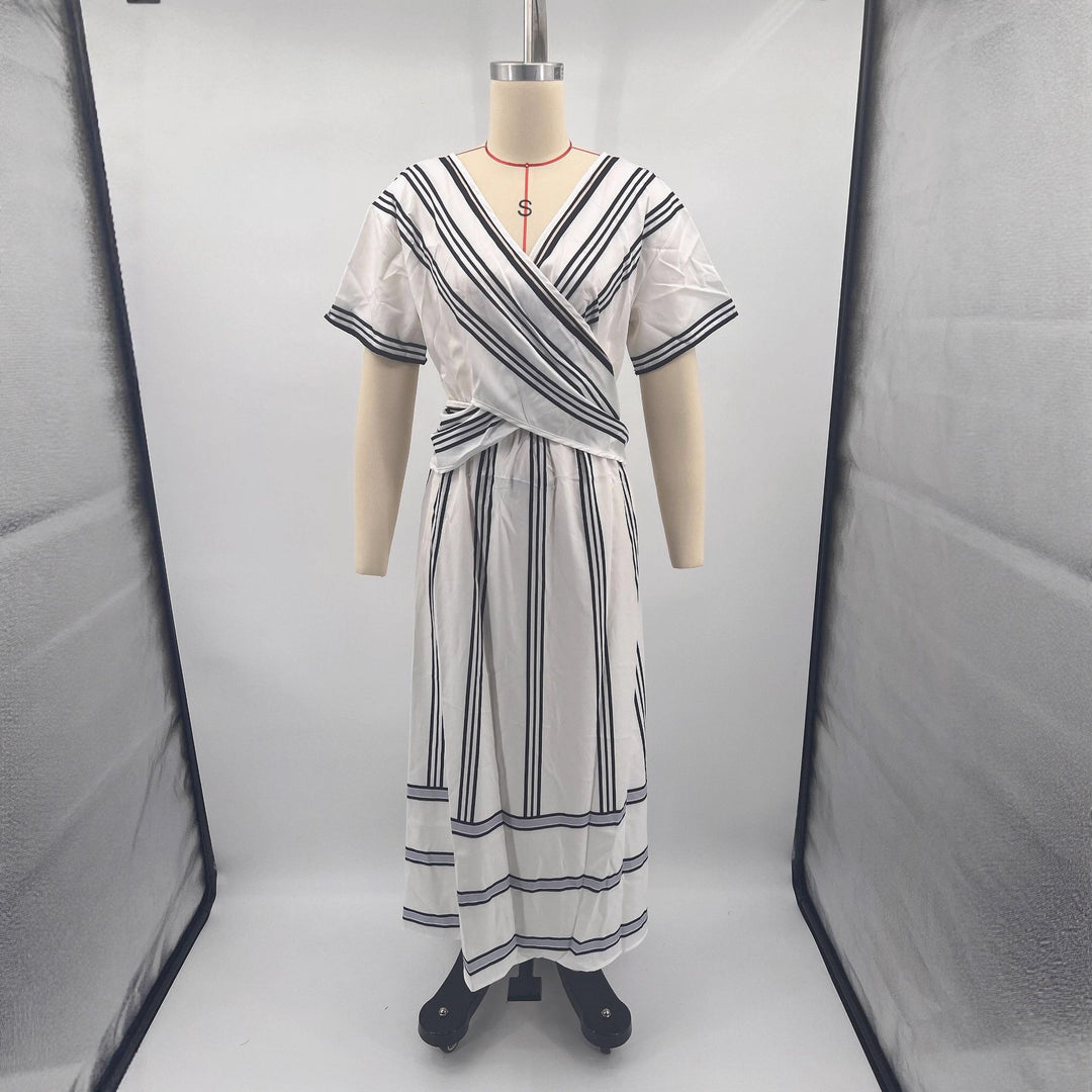 Summer Vacation V-Neck Womens Short-Sleeve Pleated Maxi Dress