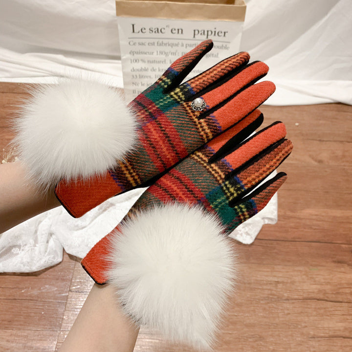 Oversized Fox Fur Ball Day Single Symmetrical Plaid Wool And Cashmere Finger Gloves