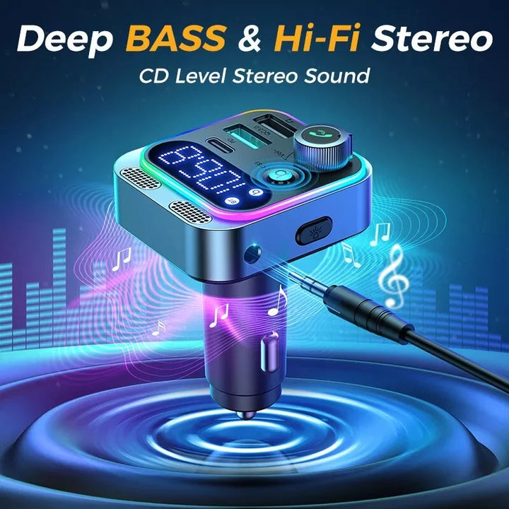 Bluetooth 5.3 FM Transmitter with Dual Mics, Deep Bass & Fast Car Charger
