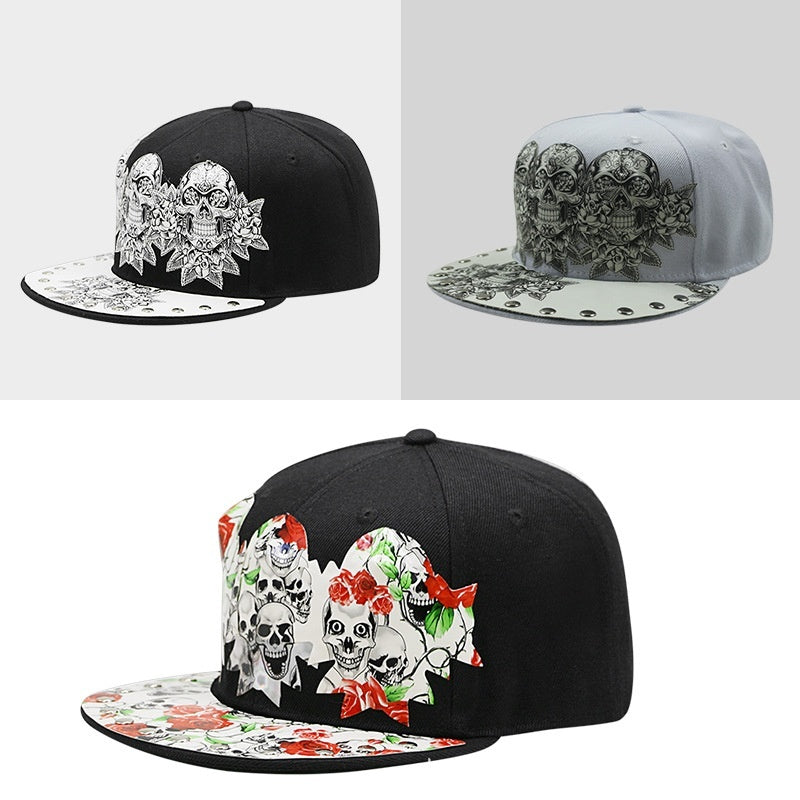 Skull-Print Flat-Brim Baseball Cap