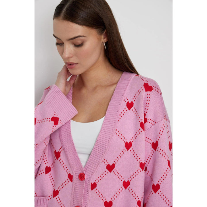 Women's Oversized V-Neck Knitted Cardigan with Heart Print