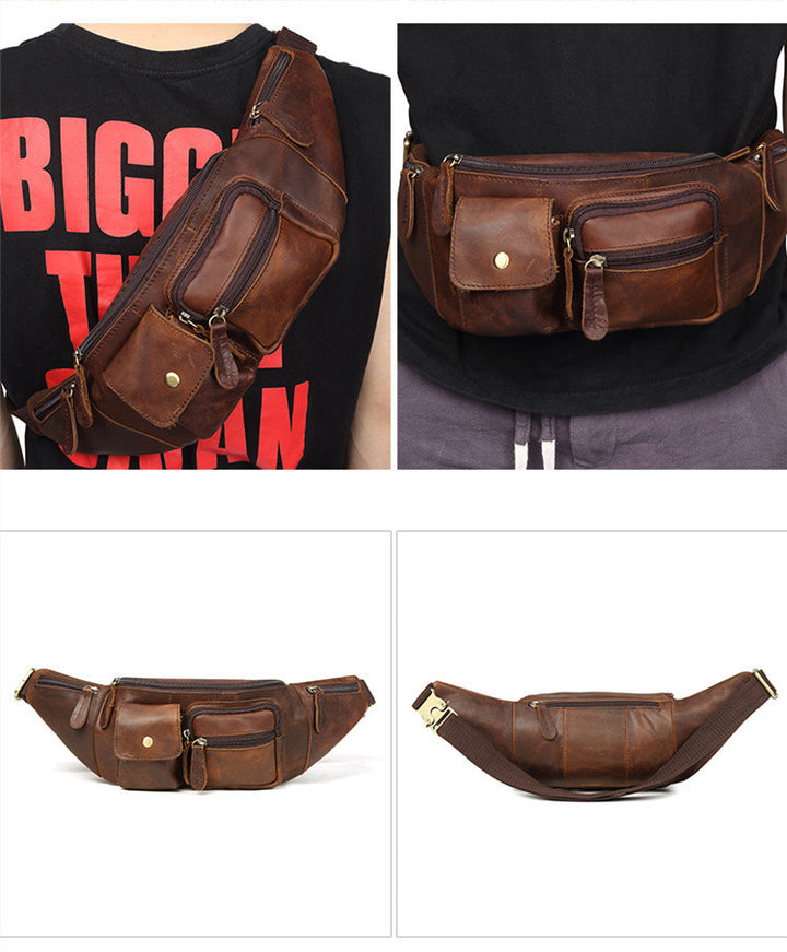 Men's Chest Bag Casual Fashion Leather Men's Bag Crazy Cow Leather Retro Crossbody Mobile Phone Waist Chest Bag