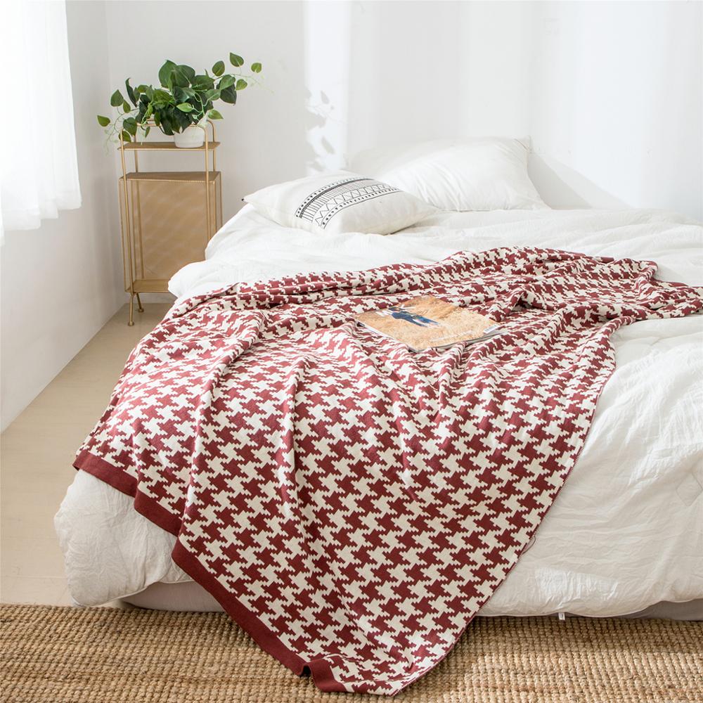 Classic Houndstooth Plaid Cotton Knitted Blanket