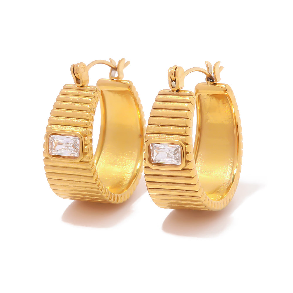 18K Gold Plated Stainless Steel Square White Zircon Ribbed Earrings