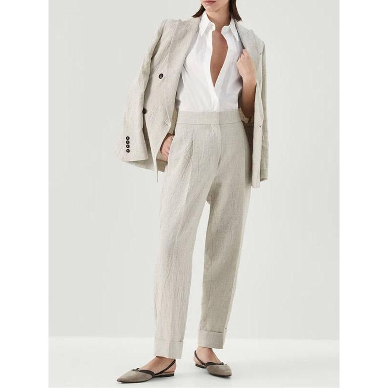 Elegant Beaded Linen Suit Set - Women's Double Breasted Blazer and Straight Trousers