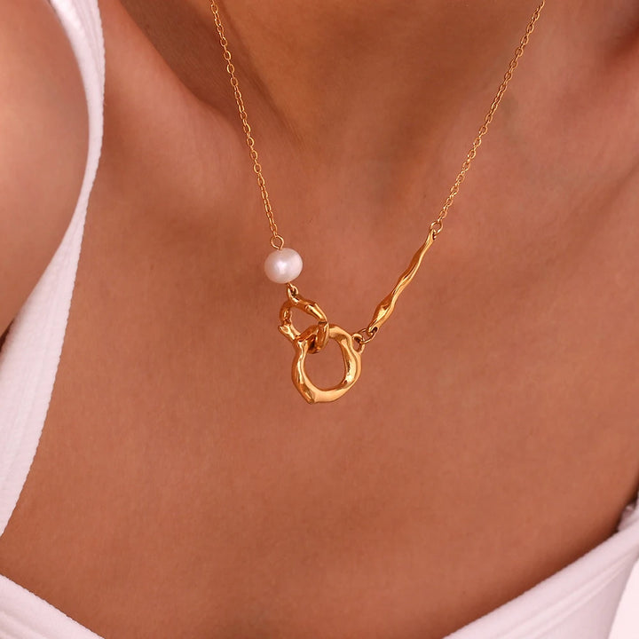 18K Gold Plated Freshwater Pearl Double Loop Pendant Necklace