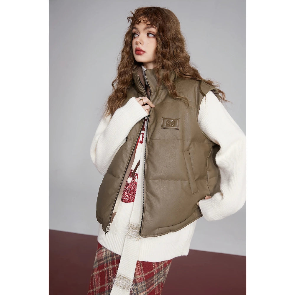 Graphic Brown PU Thick Vest - Warm Designer Outerwear