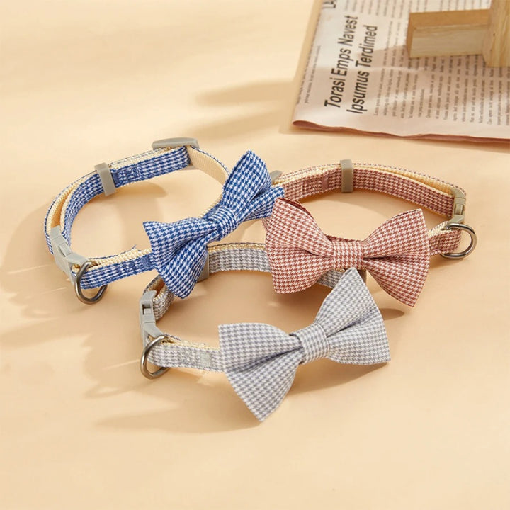 Checkered Pet Collar with Butterfly Knot