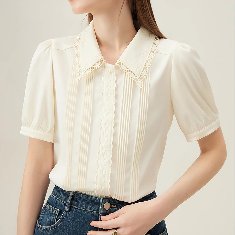 Elegant Summer Embroidered Collared Blouse with Short Sleeves