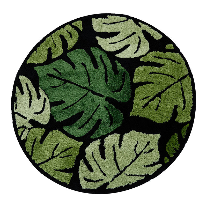 Round Green Monstera Leaf Plush Rug