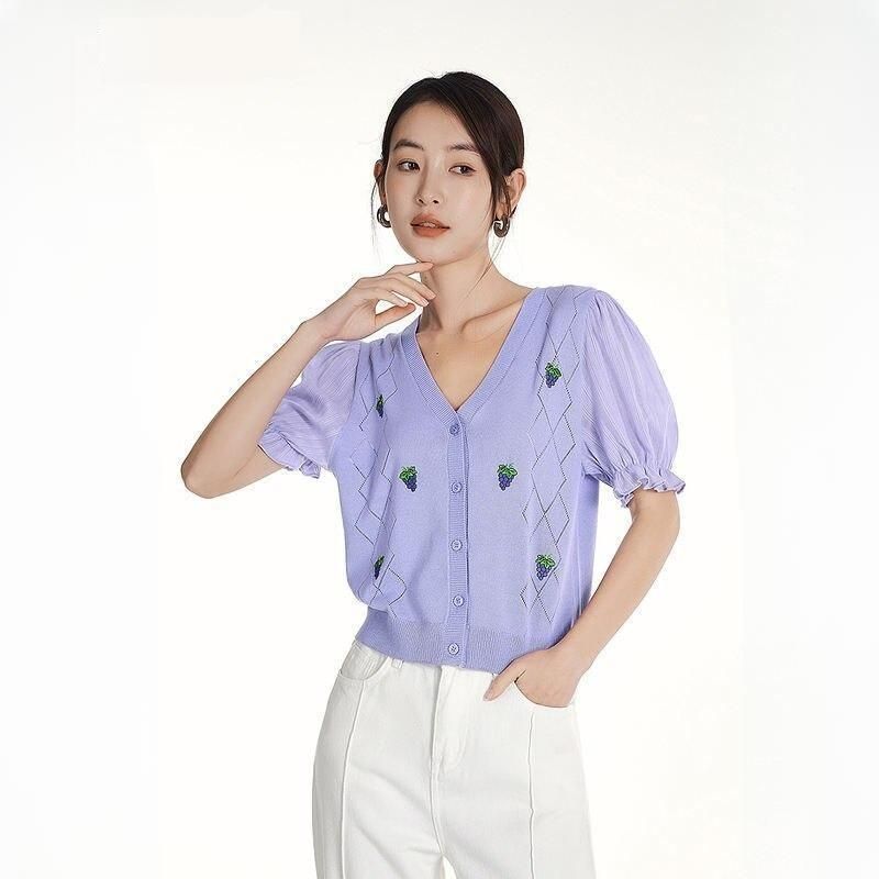 Summer Puff Sleeve V-Neck Knit T-Shirt with Grape Embroidery
