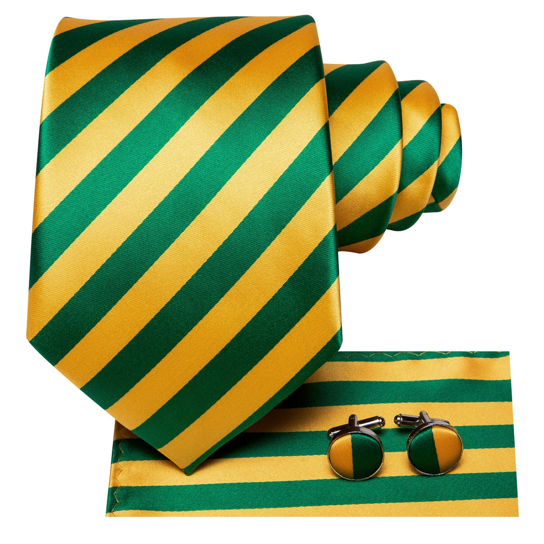 Yellow & Green Striped Silk Necktie Set for Men – Tie, Handkerchief, Cufflinks