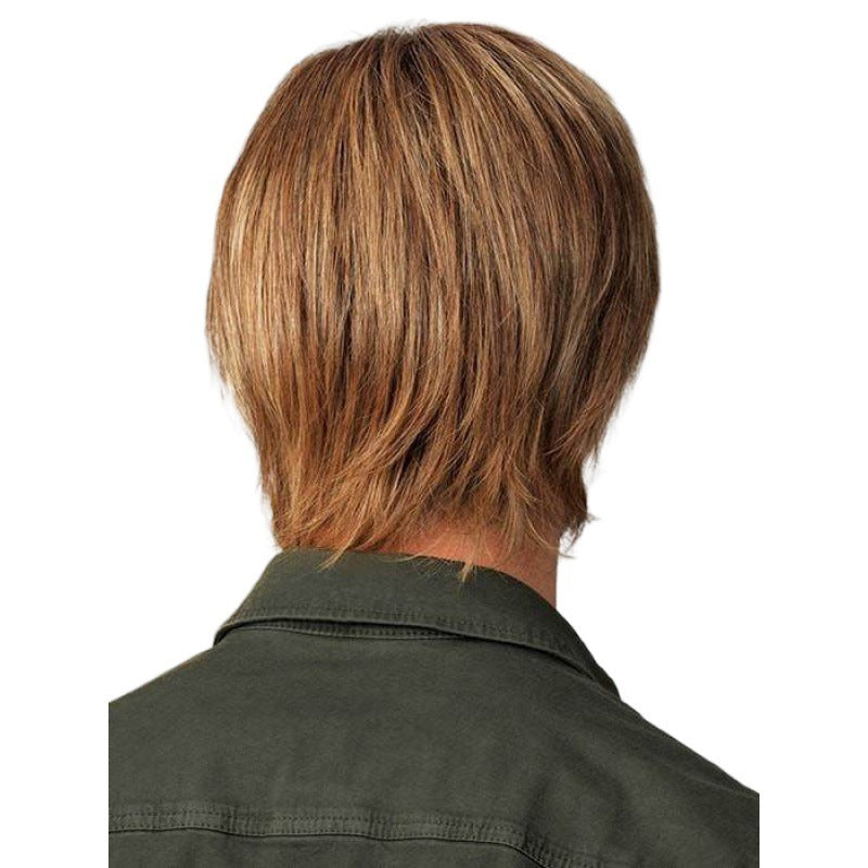 Men's Short Straight Hair Golden Brown Side Bangs Wig