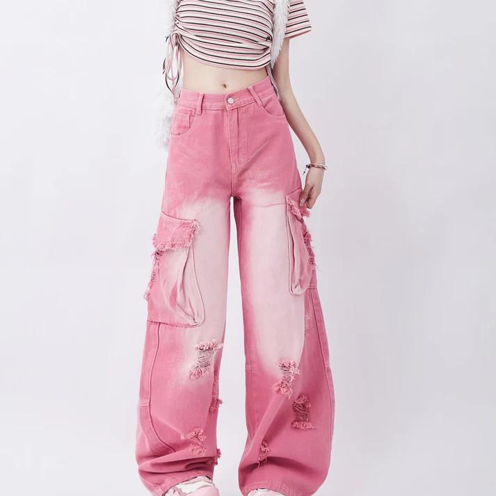 Pink High Waist Wide Leg Jeans with Vintage Accents