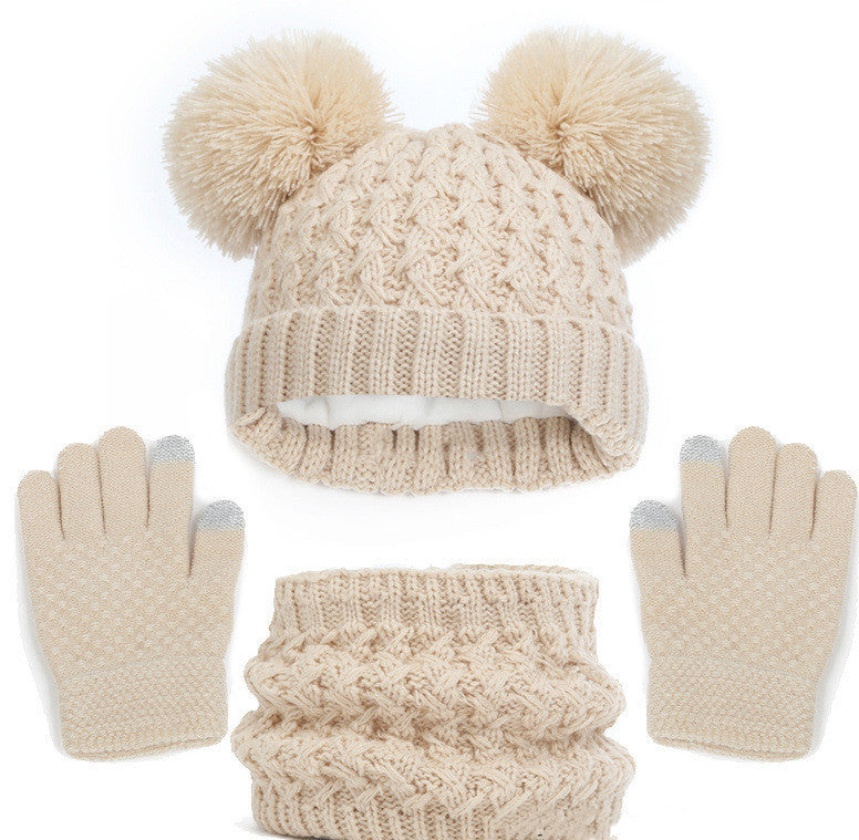 Children's Autumn And Winter Fleece-lined Thickened Double Ball Hat Scarf Gloves Three-piece Set