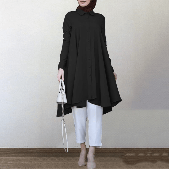 Women's Solid Color Long-Sleeved Shirt with Lapel Hem for a Chic Look - Trendha