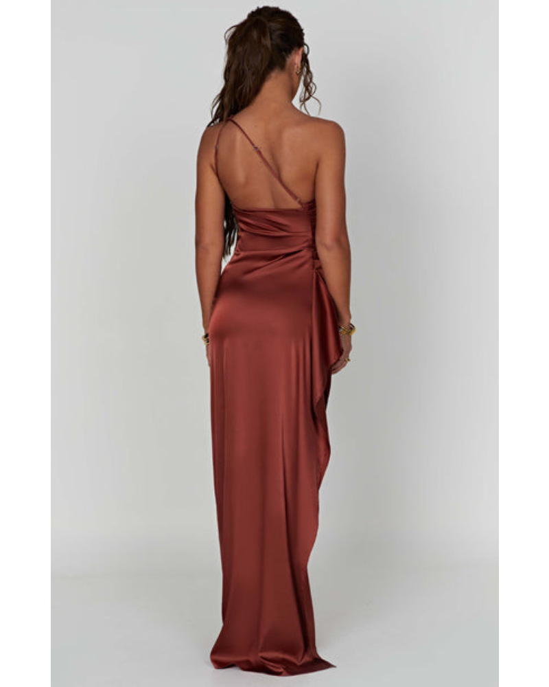 Satin Slant Shoulder Solid Color Backless Slim Fit Split Long Dress