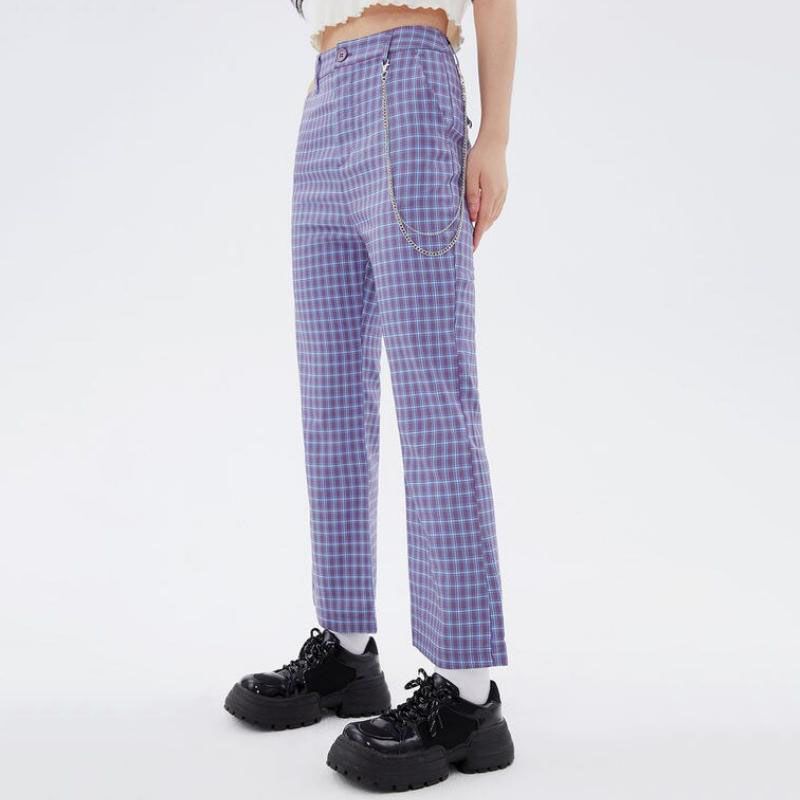Purple Plaid Ankle-Length Pants