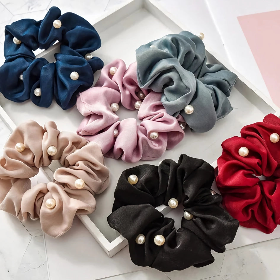 Satin Silk Pearl Hair Scrunchies – Stylish Elastic Hair Accessories