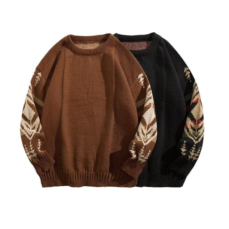 Men's Brown or Black Round-Neck Pullover Sweater